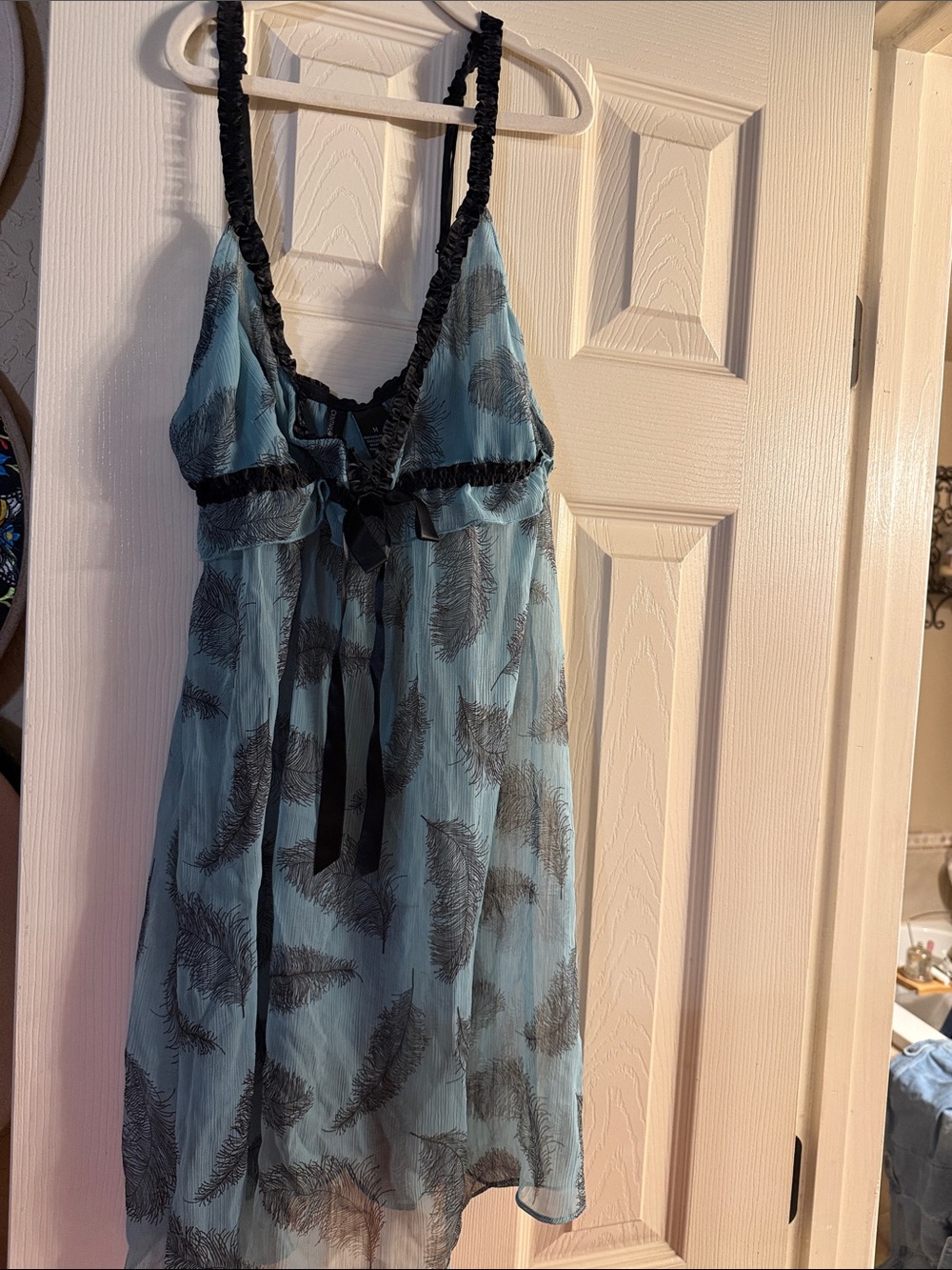 Cynthia Rowley Light Blue Sheer Feather-Print Chemise with Black Trim